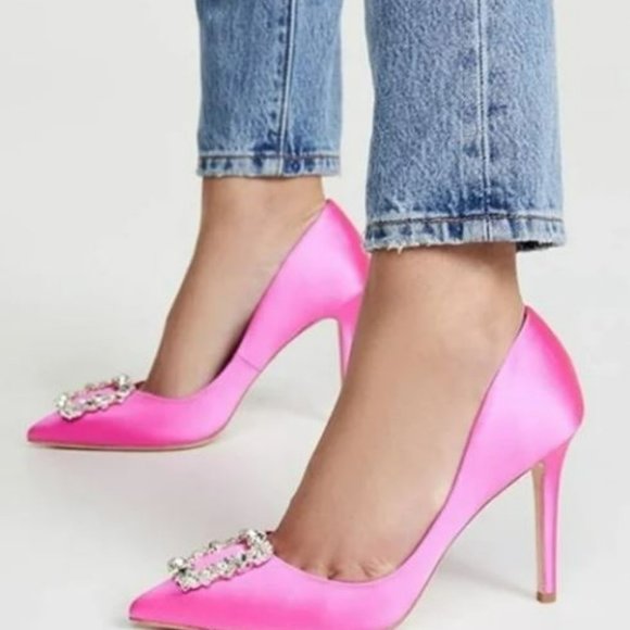 BADGLEY MISCHKA Women’s Cher Crystal Buckle Pumps Hot Pink Size 5 - Picture 1 of 8